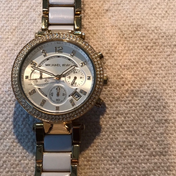 MICHAEL Michael Kors Accessories - Michael Kors Parker Gold Tone White Acetate Watch Ladies